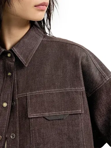 Brunello Cucinelli Women's Sparkling No Fade Denim Shirt with Shiny Flap Detail - Cocoa | Thumbnail 4 Brunello Cucinelli Women's Sparkling No Fade Denim Shirt with Shiny Flap Detail - Cocoa | Thumbnail 4