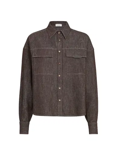 Brunello Cucinelli Women's Sparkling No Fade Denim Shirt with Shiny Flap Detail - Cocoa | Thumbnail 1 Brunello Cucinelli Women's Sparkling No Fade Denim Shirt with Shiny Flap Detail - Cocoa | Thumbnail 1