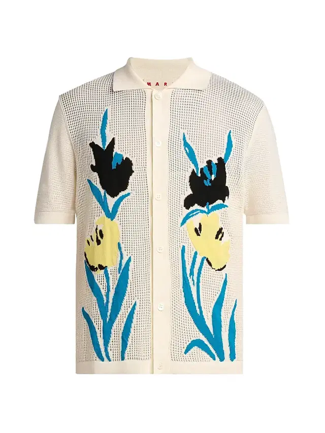Men's Intarsia-Knit Floral Open-Mesh Shirt - Alabaster