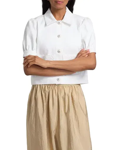 Cinq à Sept Women's Ivana Denim Lace Trim Short-Sleeve Jacket - White - Size Large | Thumbnail 3