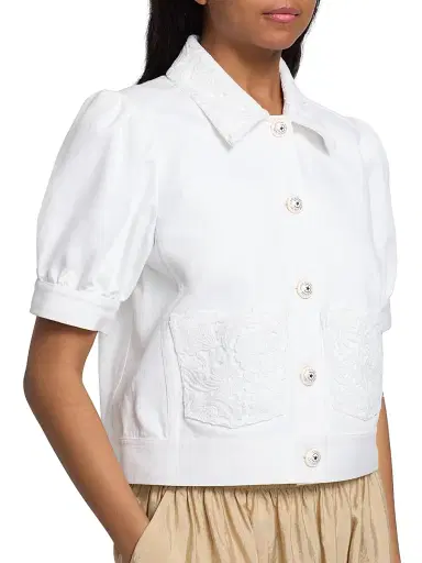 Cinq à Sept Women's Ivana Denim Lace Trim Short-Sleeve Jacket - White - Size Large | Thumbnail 6