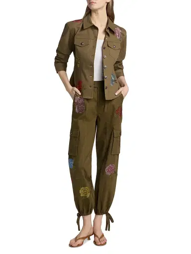 Cinq à Sept Women's Zola Crystal Roses Cargo Pants - Dark Olive Multi - Size 14 | Thumbnail 2