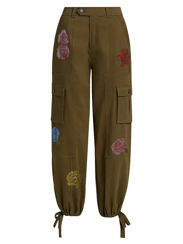Women's Zola Crystal Roses Cargo Pants - Dark Olive Multi