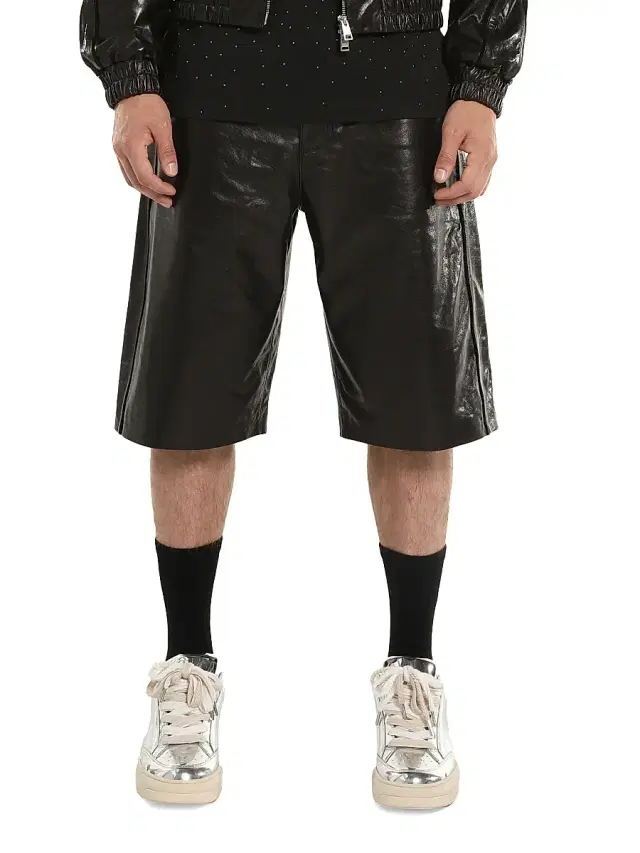 Men's Leather Straight-Leg Shorts - Black