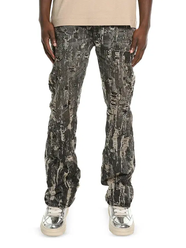 Men's Destroy Embellished Splatter Mid-Rise Straight-Leg Jeans - Black