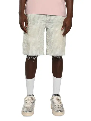 Purple Brand Men's Hickory Pinstripe Cotton Raw-Edge Shorts | Thumbnail 1 Purple Brand Men's Hickory Pinstripe Cotton Raw-Edge Shorts | Thumbnail 1