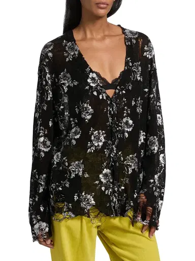 R13 Women's Floral-Print Linen Boyfriend Cardigan - Silver Floral On Black | Thumbnail 4 R13 Women's Floral-Print Linen Boyfriend Cardigan - Silver Floral On Black | Thumbnail 4