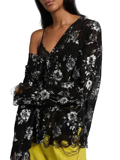 R13 Women's Floral-Print Linen Boyfriend Cardigan - Silver Floral On Black | Thumbnail 6 R13 Women's Floral-Print Linen Boyfriend Cardigan - Silver Floral On Black | Thumbnail 6