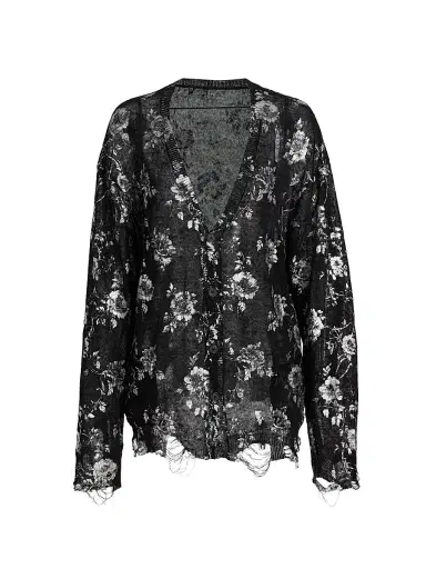 R13 Women's Floral-Print Linen Boyfriend Cardigan - Silver Floral On Black | Thumbnail 1 R13 Women's Floral-Print Linen Boyfriend Cardigan - Silver Floral On Black | Thumbnail 1