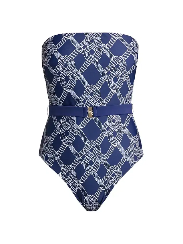 Women's Rope-Print Belted One-Piece Swimsuit - Navy