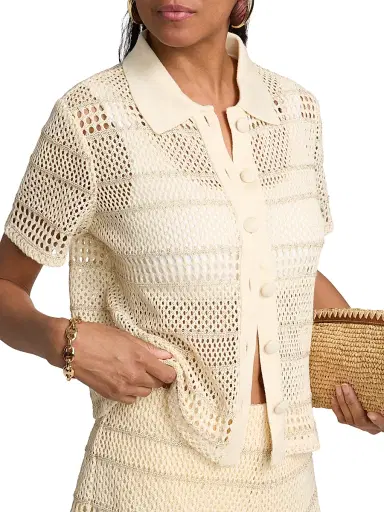 Milly Women's Crochet Knit Short-Sleeve Shirt - Gold Multi | Thumbnail 6 Milly Women's Crochet Knit Short-Sleeve Shirt - Gold Multi | Thumbnail 6