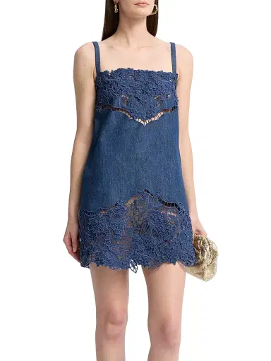 Oscar de la Renta Women's Embroidered Floral Denim Minidress | Thumbnail 3 Oscar de la Renta Women's Embroidered Floral Denim Minidress | Thumbnail 3