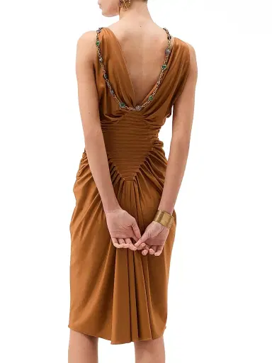 Versace Women's Gathered Jersey Knee-Length Cocktail Dress - Tobacco | Thumbnail 3 Versace Women's Gathered Jersey Knee-Length Cocktail Dress - Tobacco | Thumbnail 3