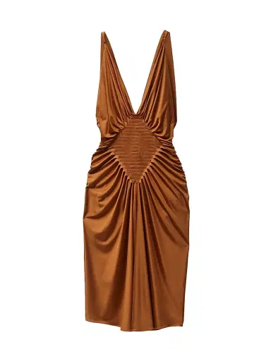Versace Women's Gathered Jersey Knee-Length Cocktail Dress - Tobacco | Thumbnail 1 Versace Women's Gathered Jersey Knee-Length Cocktail Dress - Tobacco | Thumbnail 1