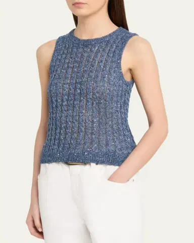 Brunello Cucinelli Linen Dazzling Cable Openwork Knit Tank Top | Thumbnail 4 Brunello Cucinelli Linen Dazzling Cable Openwork Knit Tank Top | Thumbnail 4