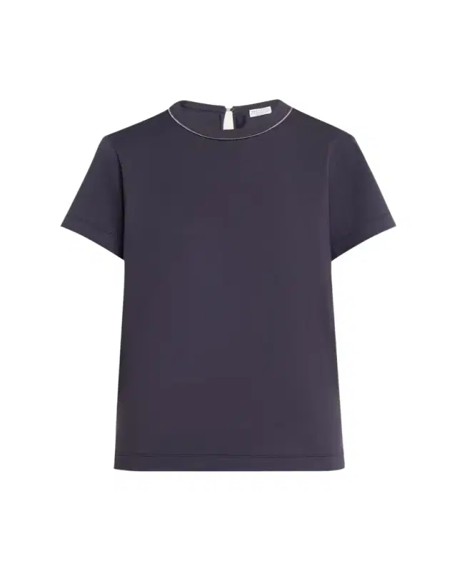 Brunello Cucinelli Metallic Seams Cotton Stretch Short-Sleeve T-Shirt