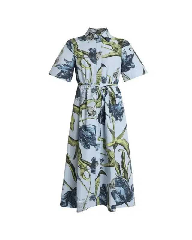 Floral-Print Cotton Short-Sleeve Midi Shirtdress