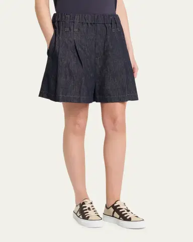 Brunello Cucinelli Double Pleated Pull-On Denim Shorts | Thumbnail 4