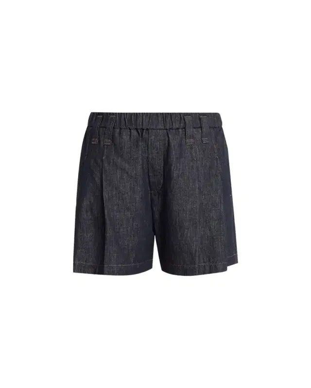 Double Pleated Pull-On Denim Shorts