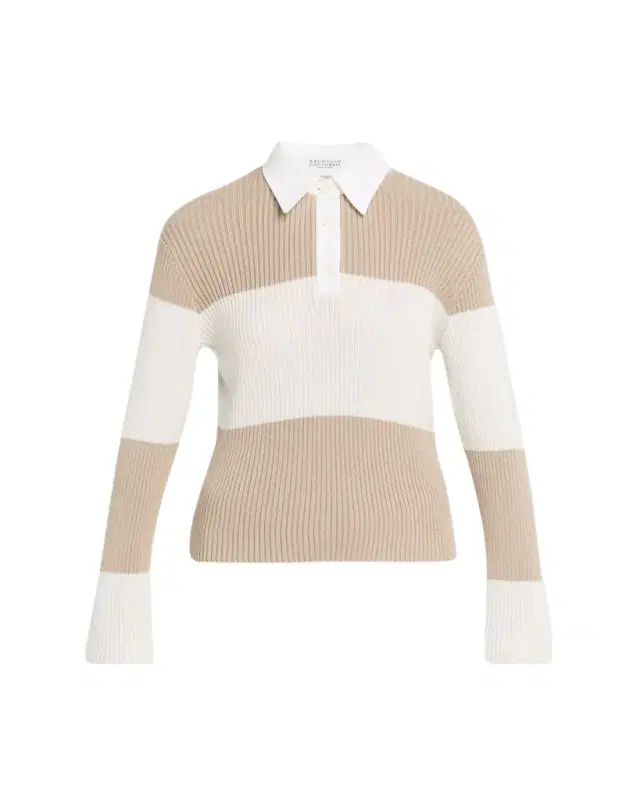 Brunello Cucinelli Shimmering Striped Cotton Rib Polo Sweater