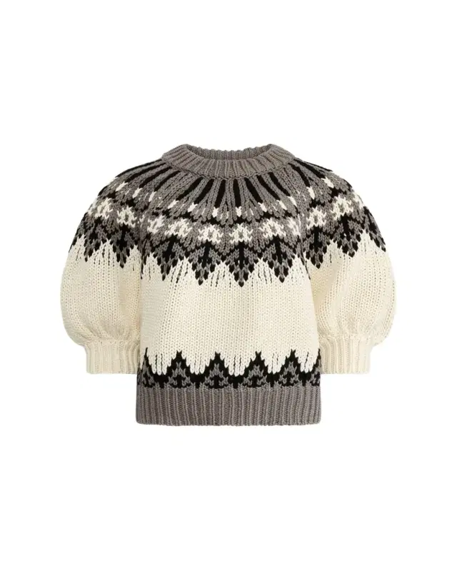 Marty Fair Isle Short Puff-Sleeve Sweater