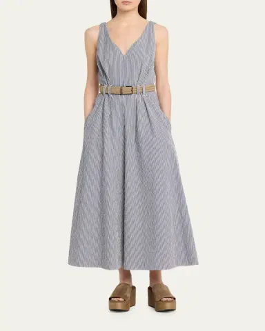 Brunello Cucinelli V-Neck Seersucker Cotton Sleeveless Midi Dress | Thumbnail 2