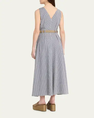 Brunello Cucinelli V-Neck Seersucker Cotton Sleeveless Midi Dress | Thumbnail 3