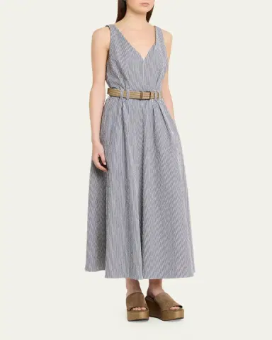 Brunello Cucinelli V-Neck Seersucker Cotton Sleeveless Midi Dress | Thumbnail 4