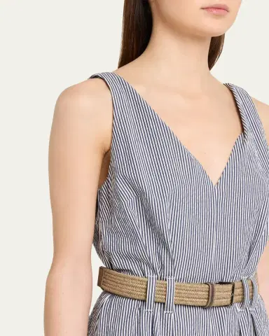 Brunello Cucinelli V-Neck Seersucker Cotton Sleeveless Midi Dress | Thumbnail 5
