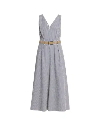 Brunello Cucinelli V-Neck Seersucker Cotton Sleeveless Midi Dress | Thumbnail 1