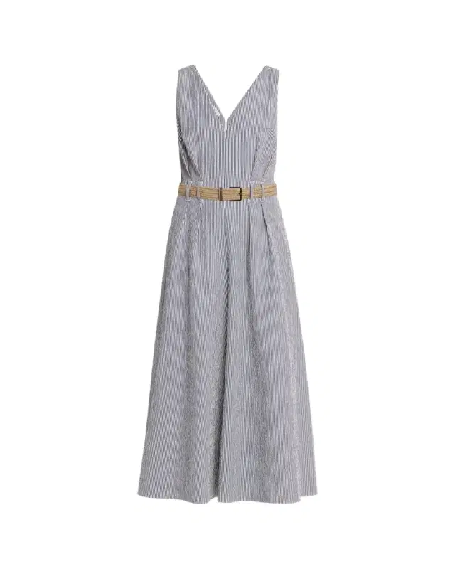 Brunello Cucinelli V-Neck Seersucker Cotton Sleeveless Midi Dress