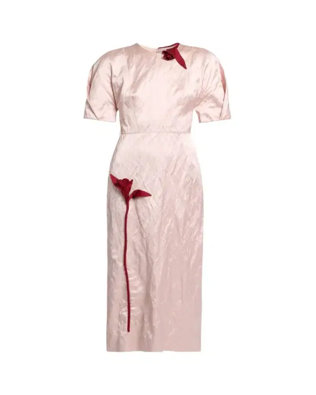 Tulip Applique Crinkled Satin Short-Sleeve Midi Dress