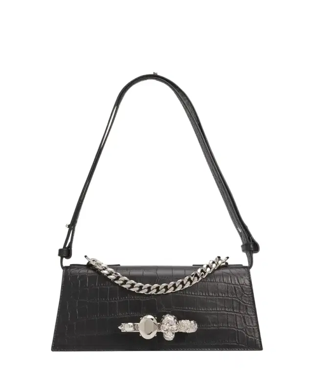 McQueen Jeweled Croc-Embossed Leather Shoulder Bag