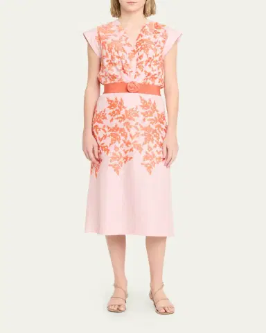 Silvia Tcherassi Olive Embroidered Linen Midi Dress With Belt | Thumbnail 2