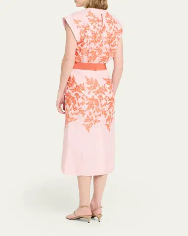 Silvia Tcherassi Olive Embroidered Linen Midi Dress With Belt | Thumbnail 3