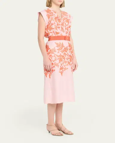 Silvia Tcherassi Olive Embroidered Linen Midi Dress With Belt | Thumbnail 4