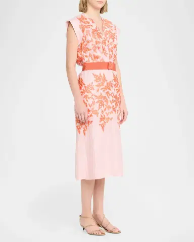 Silvia Tcherassi Olive Embroidered Linen Midi Dress With Belt | Thumbnail 8