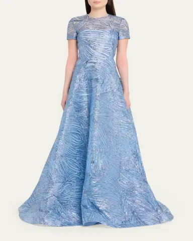 Naeem Khan Metallic Embroidered Short-Sleeve Illusion Gown | Thumbnail 2 Naeem Khan Metallic Embroidered Short-Sleeve Illusion Gown | Thumbnail 2
