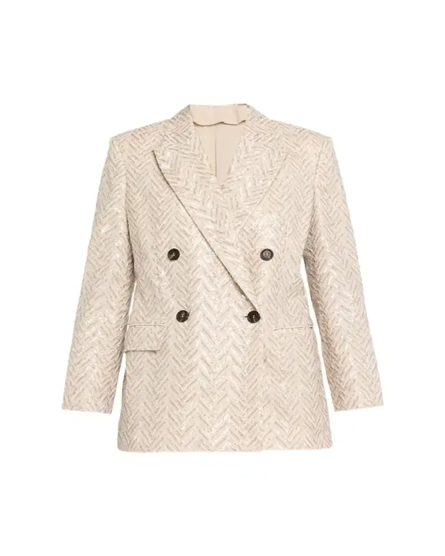 Brunello Cucinelli Dazzling Chevron Linen Double-Breasted Blazer Jacket