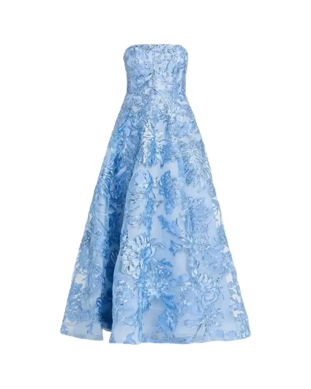 Strapless Metallic Raffia Embroidered Gown