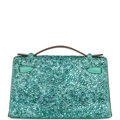 HERMÈS Custom "Aquamarine" Swarovski Crystal Pre-owned Hermes Kelly Pochette Lagon Swift Palladium Hardware | Thumbnail 4 HERMÈS Custom "Aquamarine" Swarovski Crystal Pre-owned Hermes Kelly Pochette Lagon Swift Palladium Hardware | Thumbnail 4