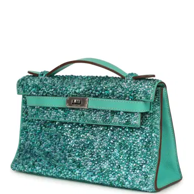 HERMÈS Custom "Aquamarine" Swarovski Crystal Pre-owned Hermes Kelly Pochette Lagon Swift Palladium Hardware | Thumbnail 5 HERMÈS Custom "Aquamarine" Swarovski Crystal Pre-owned Hermes Kelly Pochette Lagon Swift Palladium Hardware | Thumbnail 5