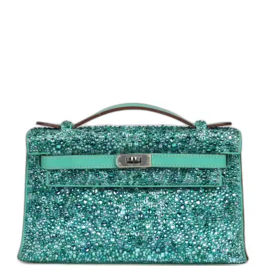 HERMÈS Custom "Aquamarine" Swarovski Crystal Pre-owned Hermes Kelly Pochette Lagon Swift Palladium Hardware | Thumbnail 1 HERMÈS Custom "Aquamarine" Swarovski Crystal Pre-owned Hermes Kelly Pochette Lagon Swift Palladium Hardware | Thumbnail 1