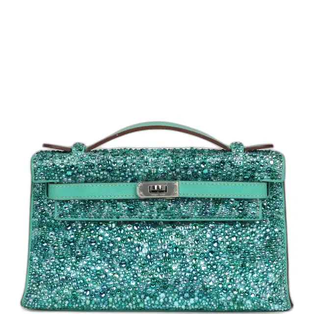 Custom "Aquamarine" Swarovski Crystal Pre-owned Hermes Kelly Pochette Lagon Swift Palladium Hardware