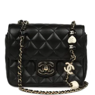Chanel Pre-owned Chanel Heart Charms Mini Square Flap Bag Black Lambskin Enamel Light Gold Hardware | Thumbnail 1 Chanel Pre-owned Chanel Heart Charms Mini Square Flap Bag Black Lambskin Enamel Light Gold Hardware | Thumbnail 1