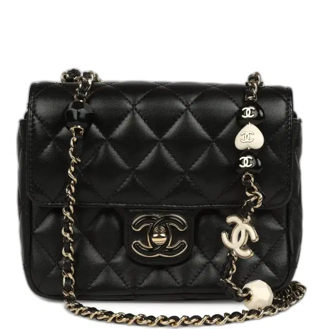Chanel Pre-owned Chanel Heart Charms Mini Square Flap Bag Black Lambskin Enamel Light Gold Hardware