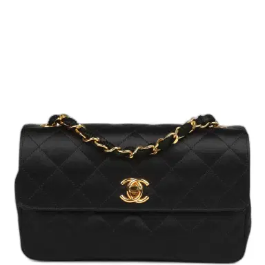 Chanel Vintage Chanel Mini Rectangular Flap Bag Black Satin Gold Hardware | Thumbnail 1 Chanel Vintage Chanel Mini Rectangular Flap Bag Black Satin Gold Hardware | Thumbnail 1