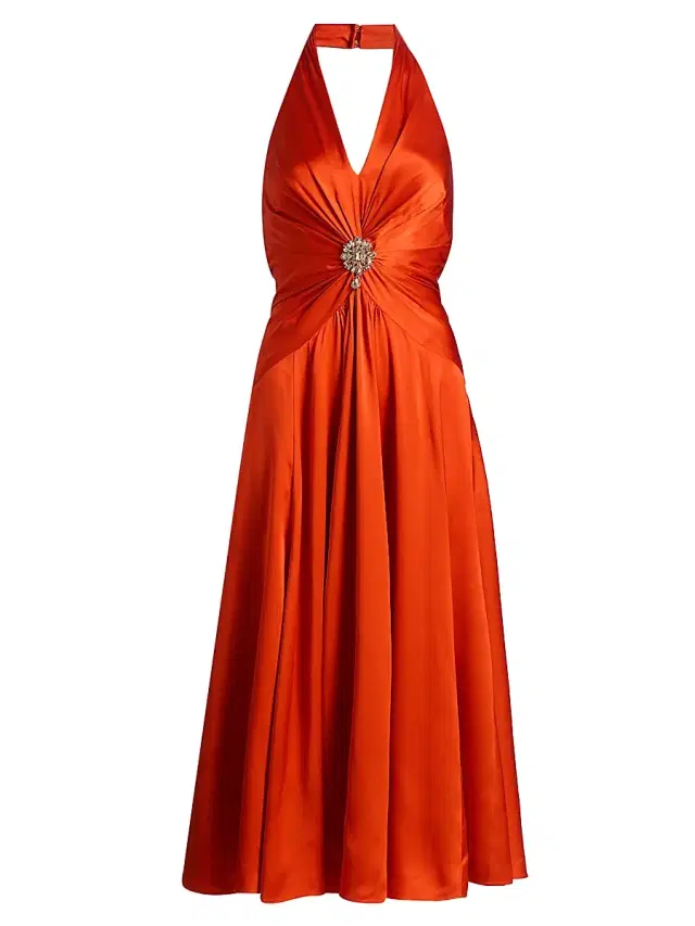 Women's Ello Silk Halter Midi-Dress - Red Tangerine