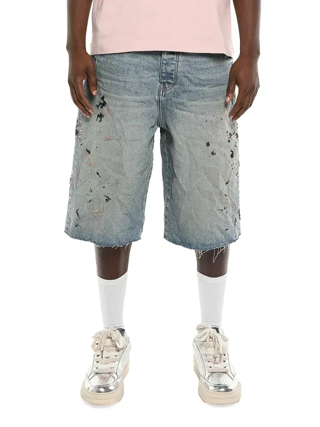 Men's Beaded Paint Splatter Washed-Denim Shorts - Mid Indigo