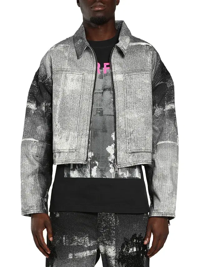 Purple Brand Men's Palm Tree Denim Crop Jacket - Black